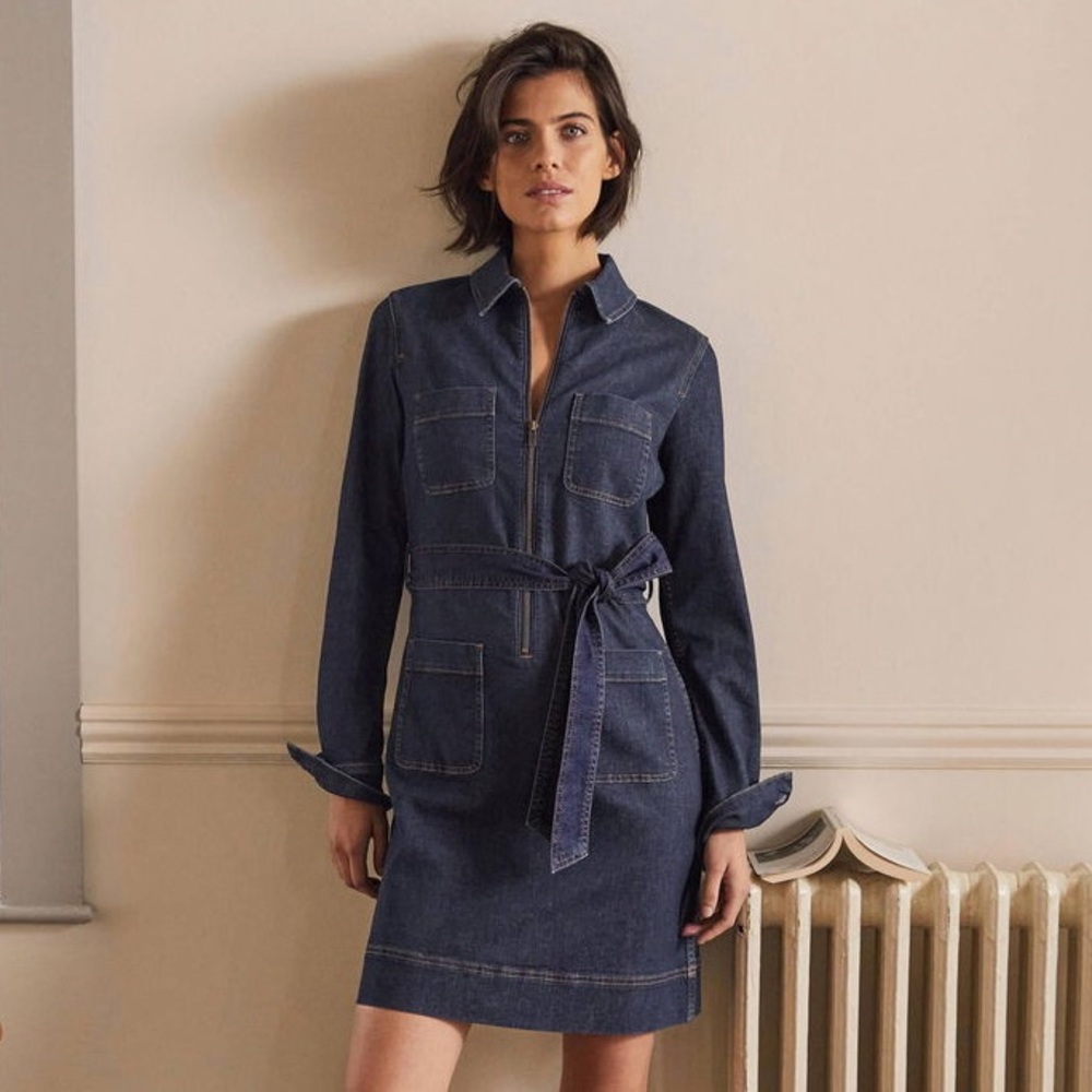 Boden Denim Zip Front Tie Waist Utility Dress - Mud Vintage Denim Wash - Size 10